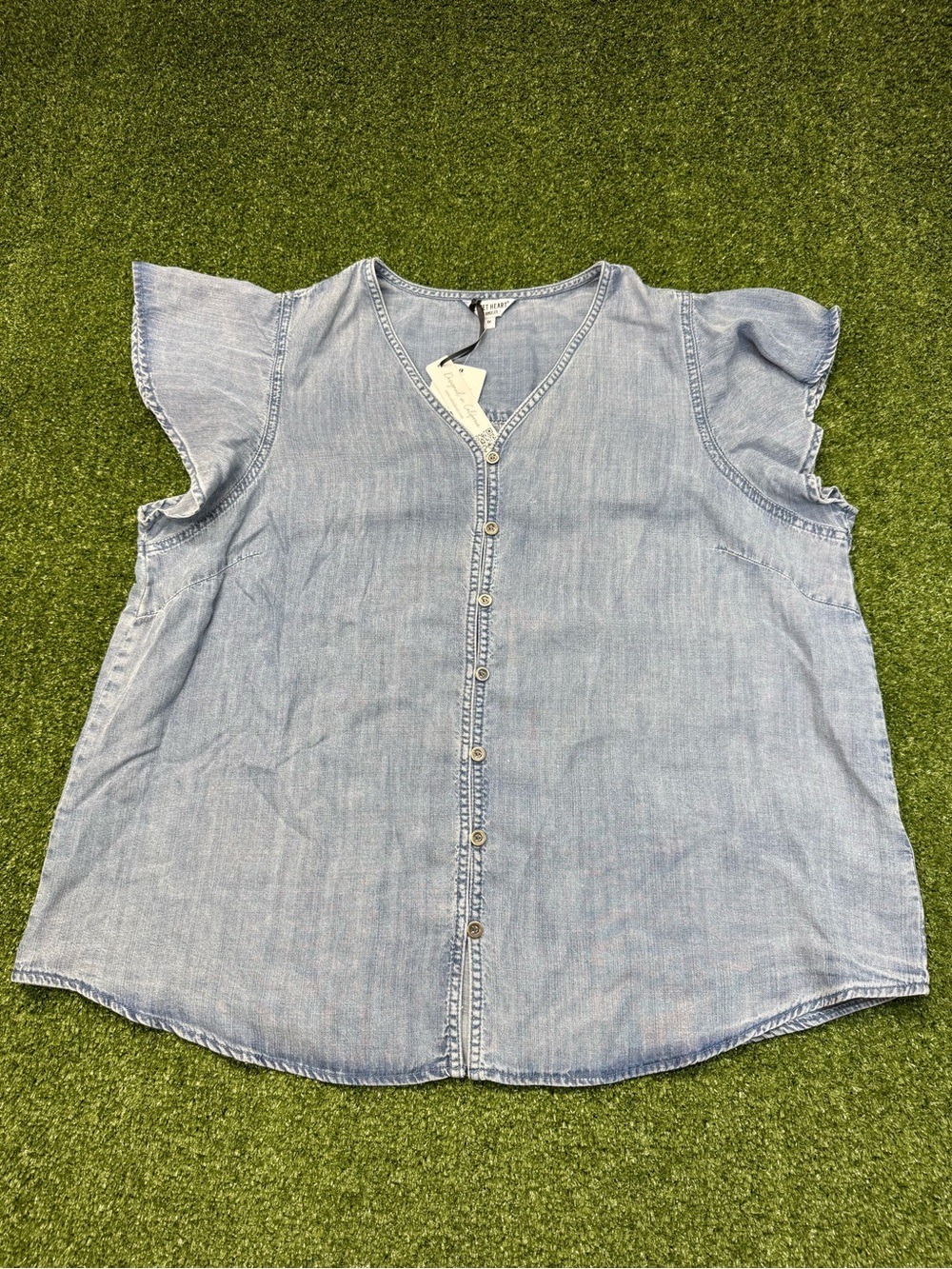 NWT Velvet Heart Denim Jean Blouse Ruffle Cap Sleeve Button Down Light Wash 1X